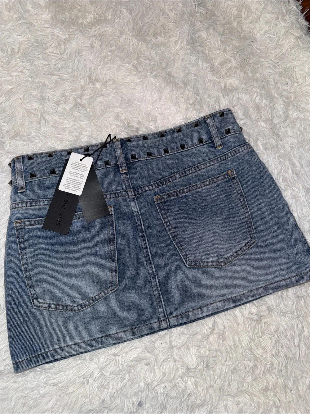 Light Blue Brit the Label Denim Mini Skirt with Stud Trim S